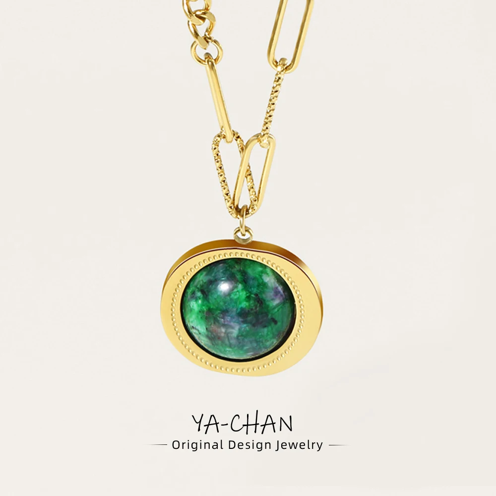 

YACHAN 18K Gold Plated Stainless Steel Pendant Necklace for Women Luxury Green Natural Stone Aesthetic Waterproof Jewelry