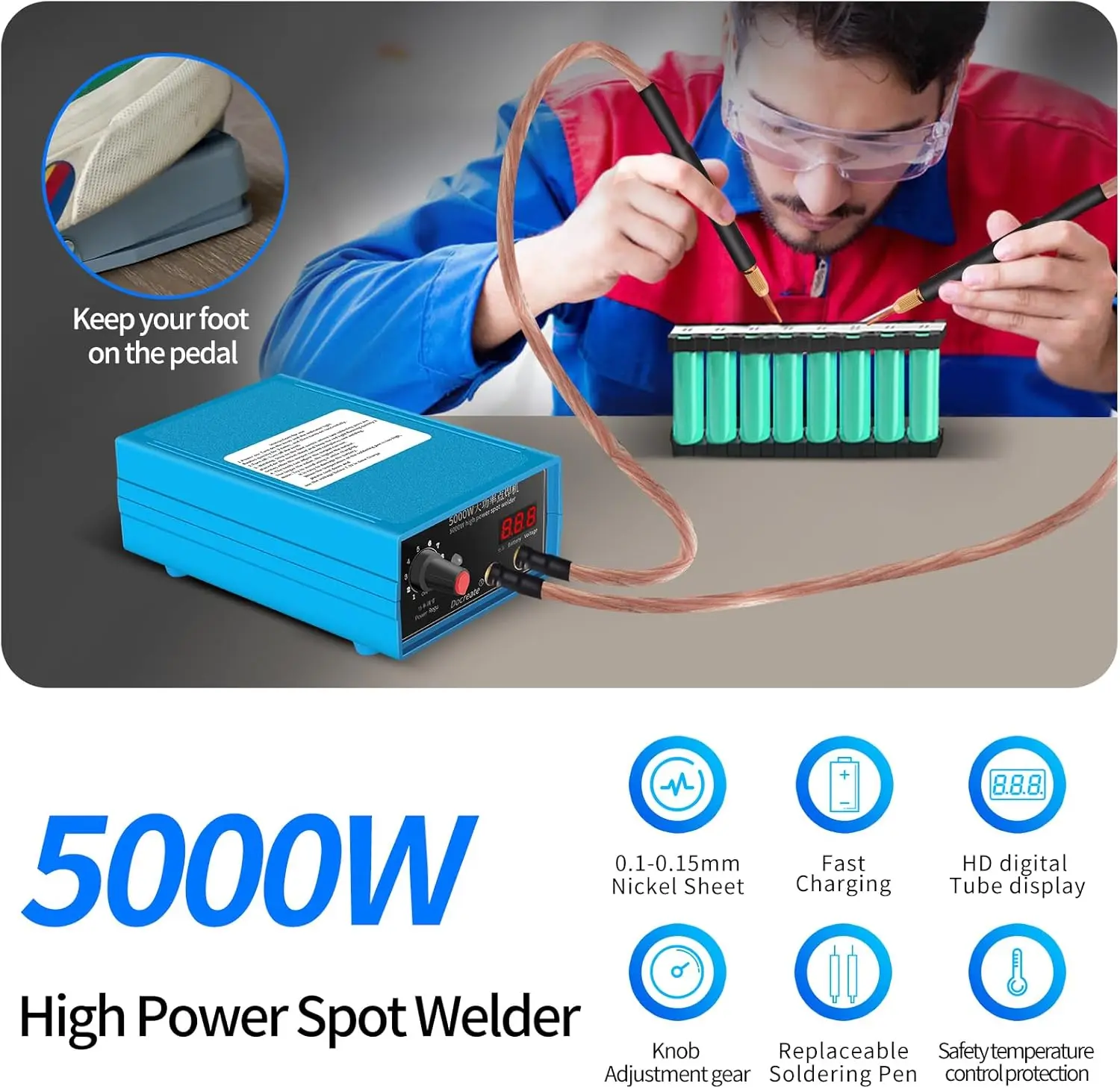 5000W Mini Battery Spot Welder, Portable Spot Welder Machine Diy Kit For 18650 Battery Pack Welding Tools, Adjustable Battery