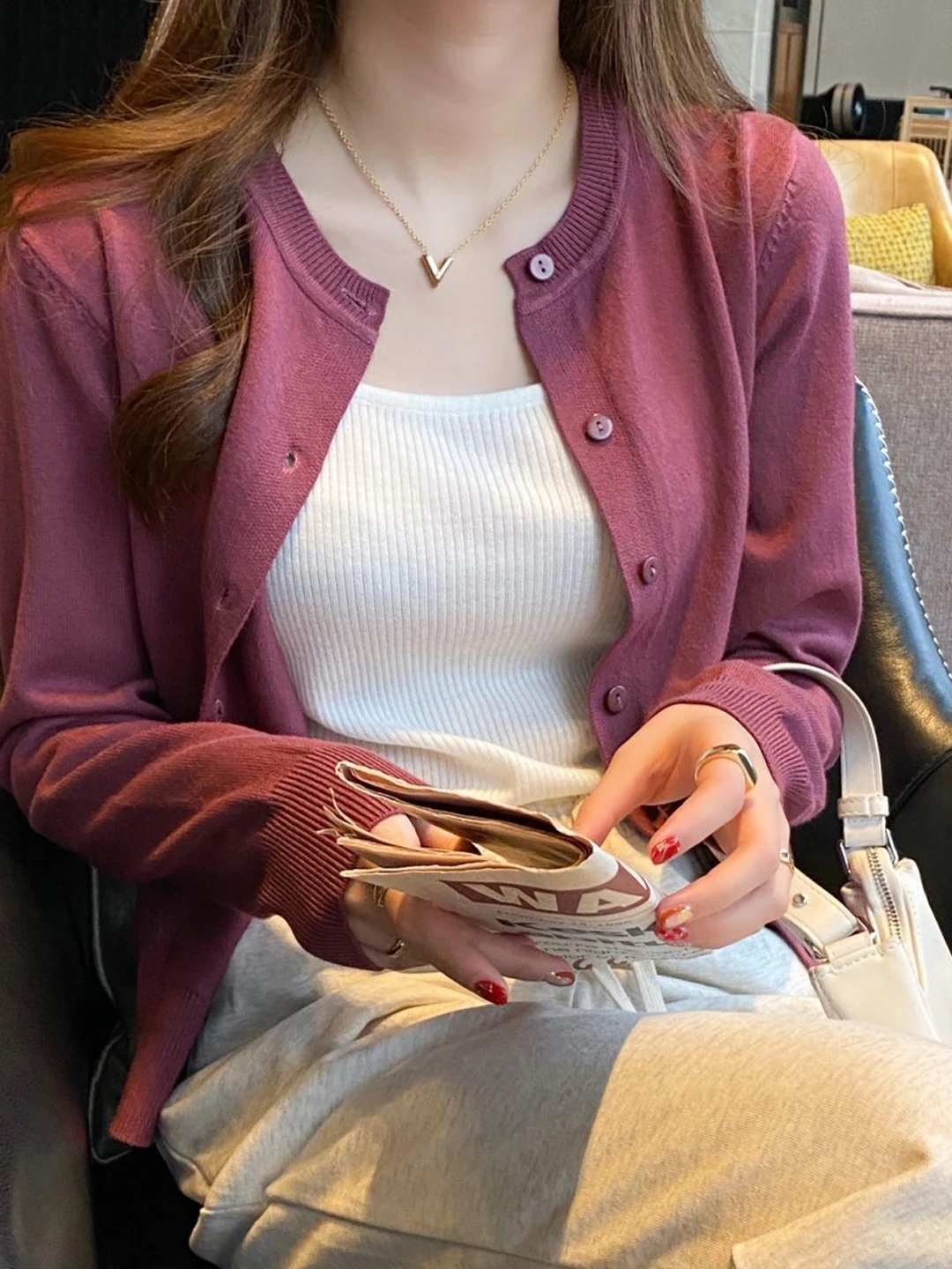 

Early Autumn New Knitted Open Cardigan Women's Thin Long Sve round Ne Outerwear Sweater Bla Top Korean Sle Slimming