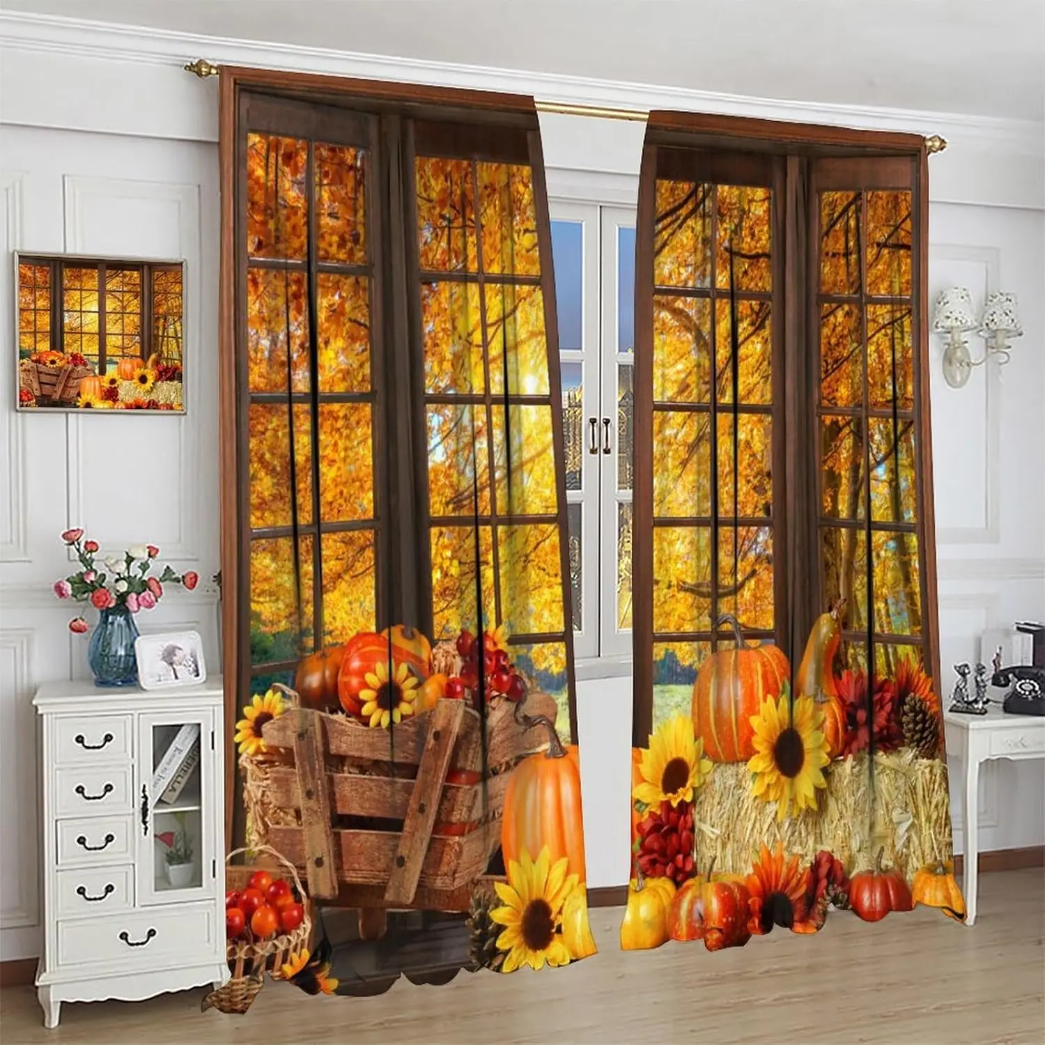 Autumn Landscape Curtains for Kitchen,Orange Autumn Harvest Straw Pumpkin Fruit Sunflower Maple Leaf Forest Plant Thanksgiving