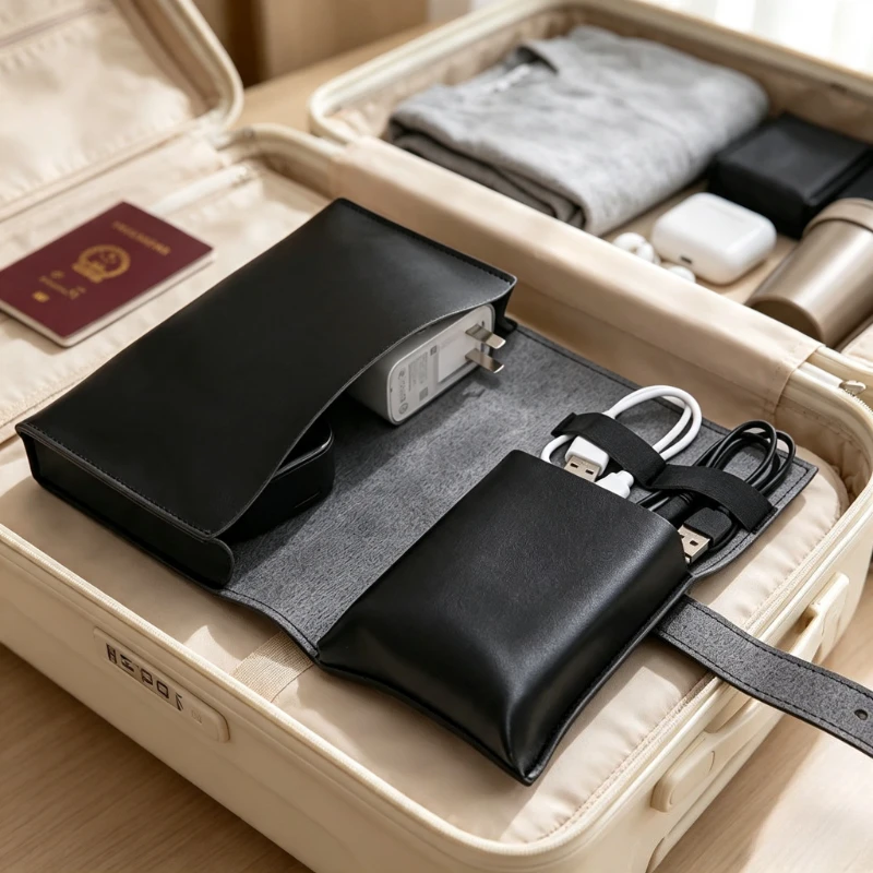Tech Accessories Travel Organizer Pouch - حقيبة تنظيم إلكترونيات محمولة من الجلد