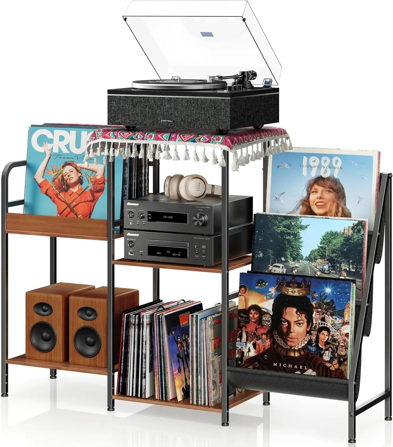 

3-Tier Vinyl Record Stand with Side Storage for Living Room and Bedroom