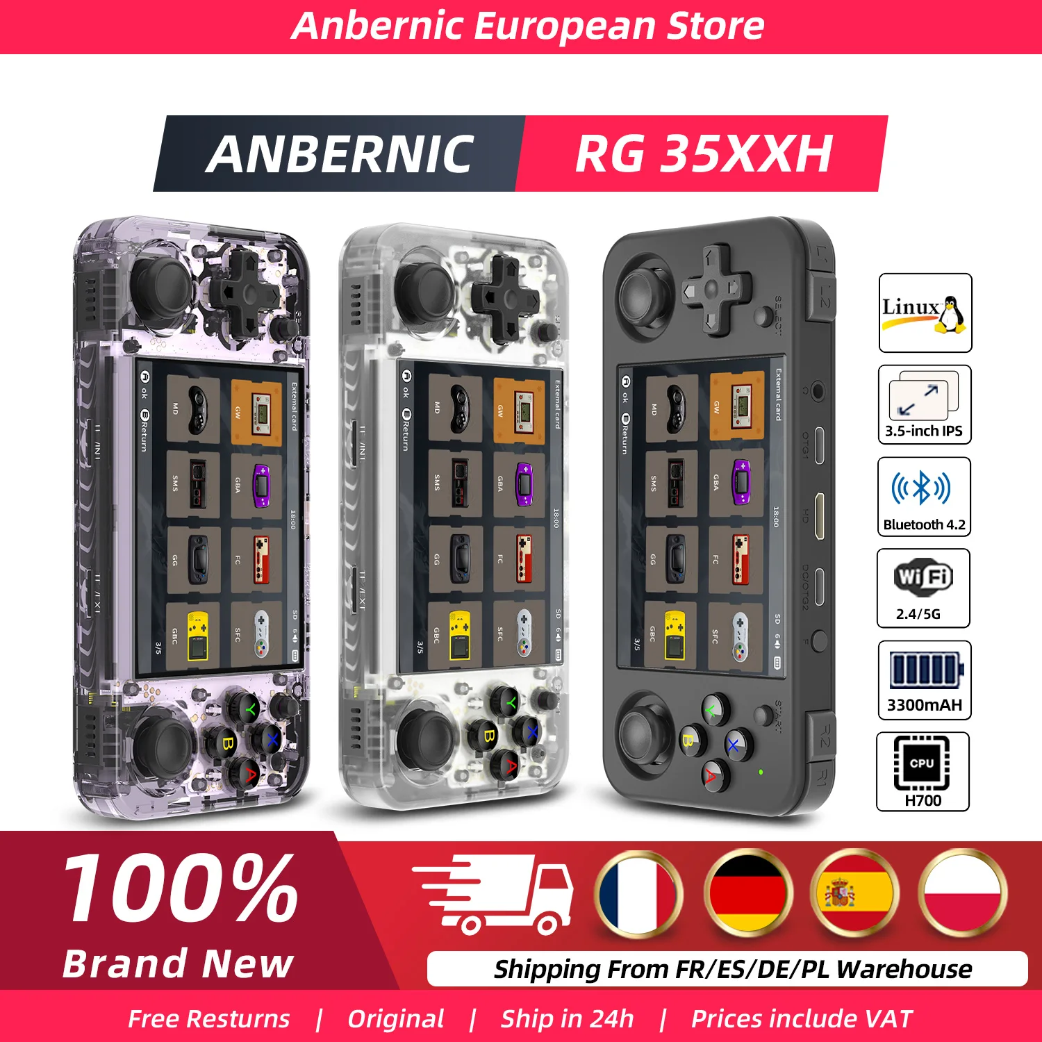 Anbernic – Console de jeu portable rétro RG35XX H, double Joystick, écran IPS de 3.5 pouces, 3300 mAh, lecteur de jeu, compatible HDMI