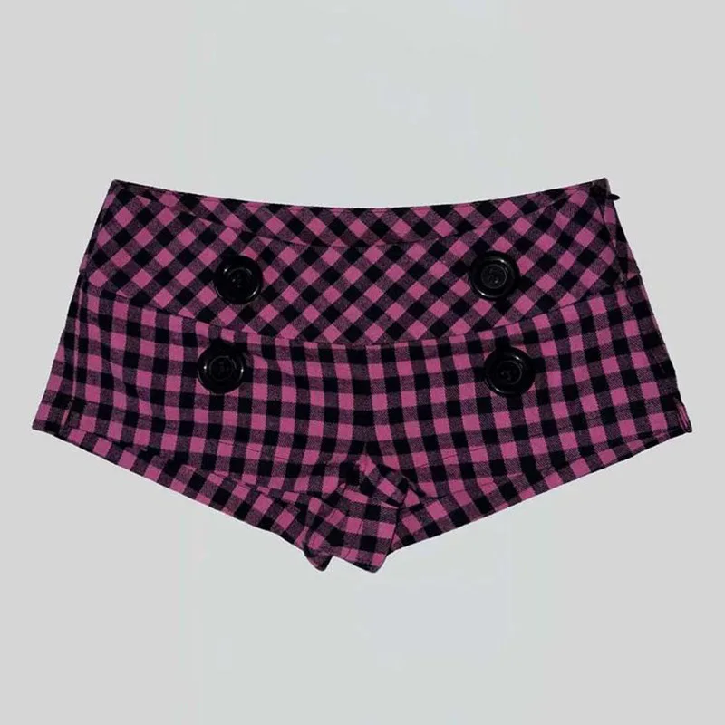 Pink Black Buffalo Plaid Low Rise Sleep Shorts, Fold Over Waist Decor Button Lounge Boy Shorts