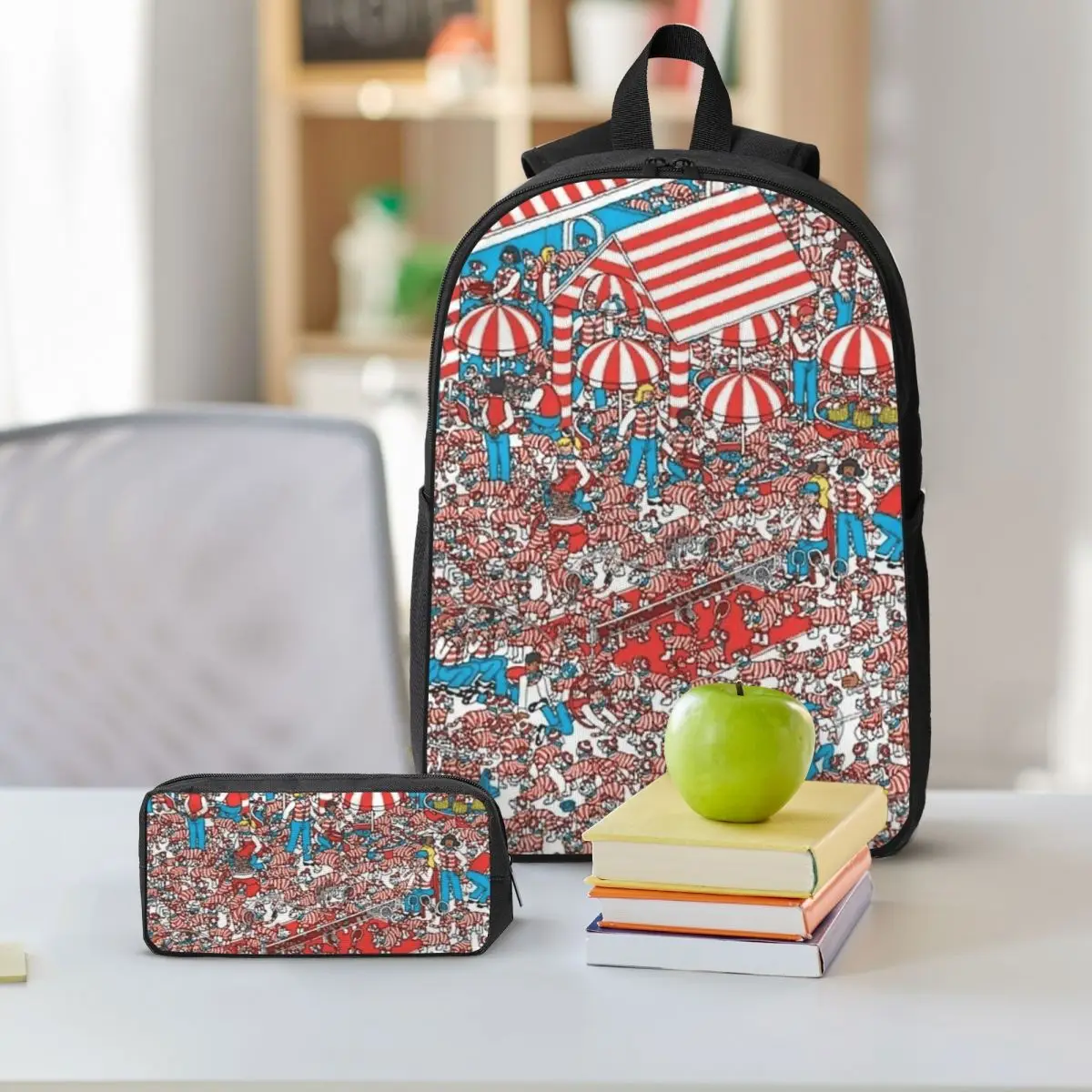 Where's Wally - Find Wally Book - Part II Backpack Student BookBag School Bag Shoulder Bags 3ps Insulated Lunch Bag Pencil Case