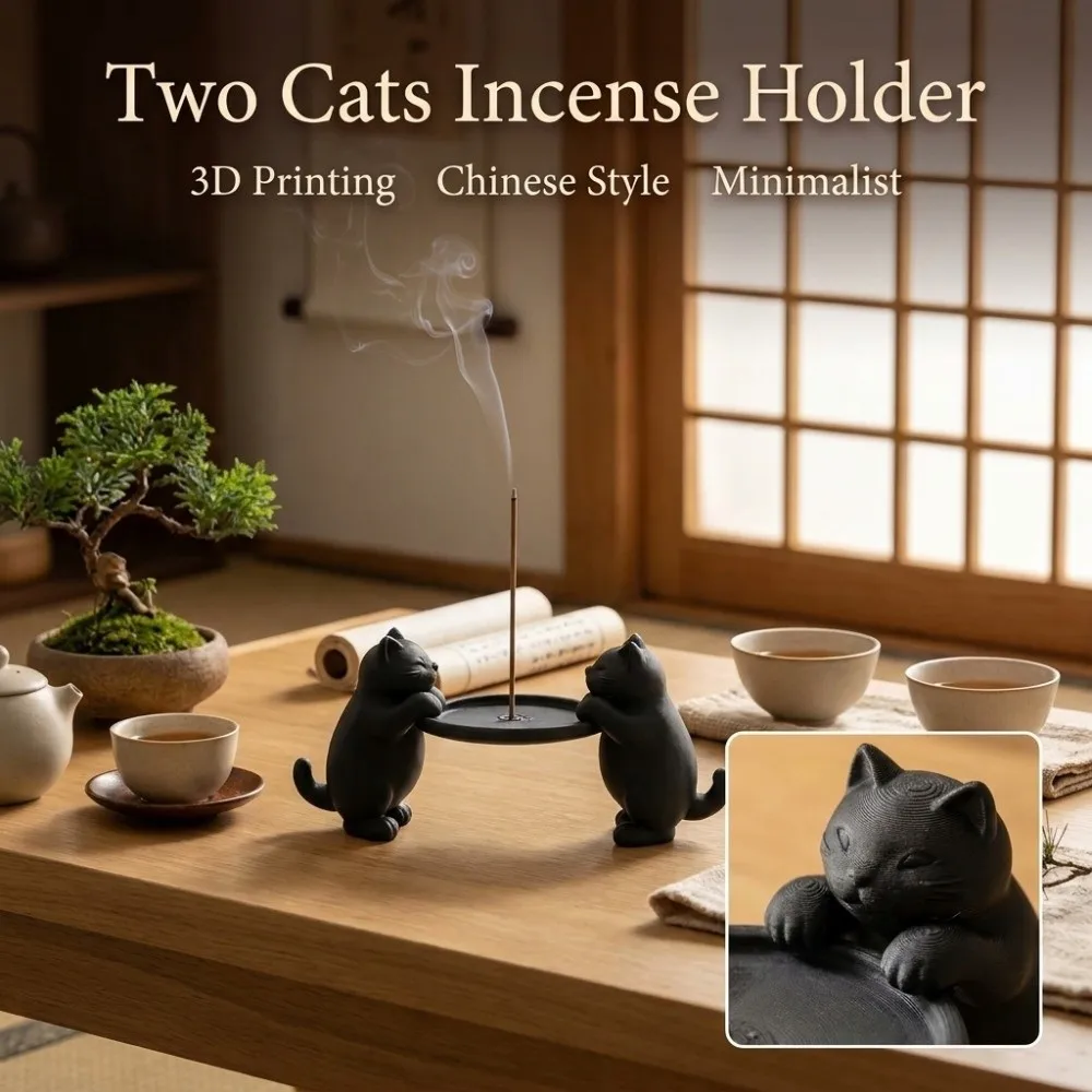 3D Printing Two Cats Incense Holder Minimalist Stable Animals Incense Burner Chinese Style Handmade Animals Censer Holder