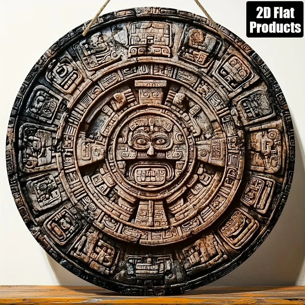 2D Flat, 1pc Vintage Mayan Calendar Wooden Wall Art - 8x8 Inch Round Decorative Plaque with Intricate Carvings, Perfect for Home