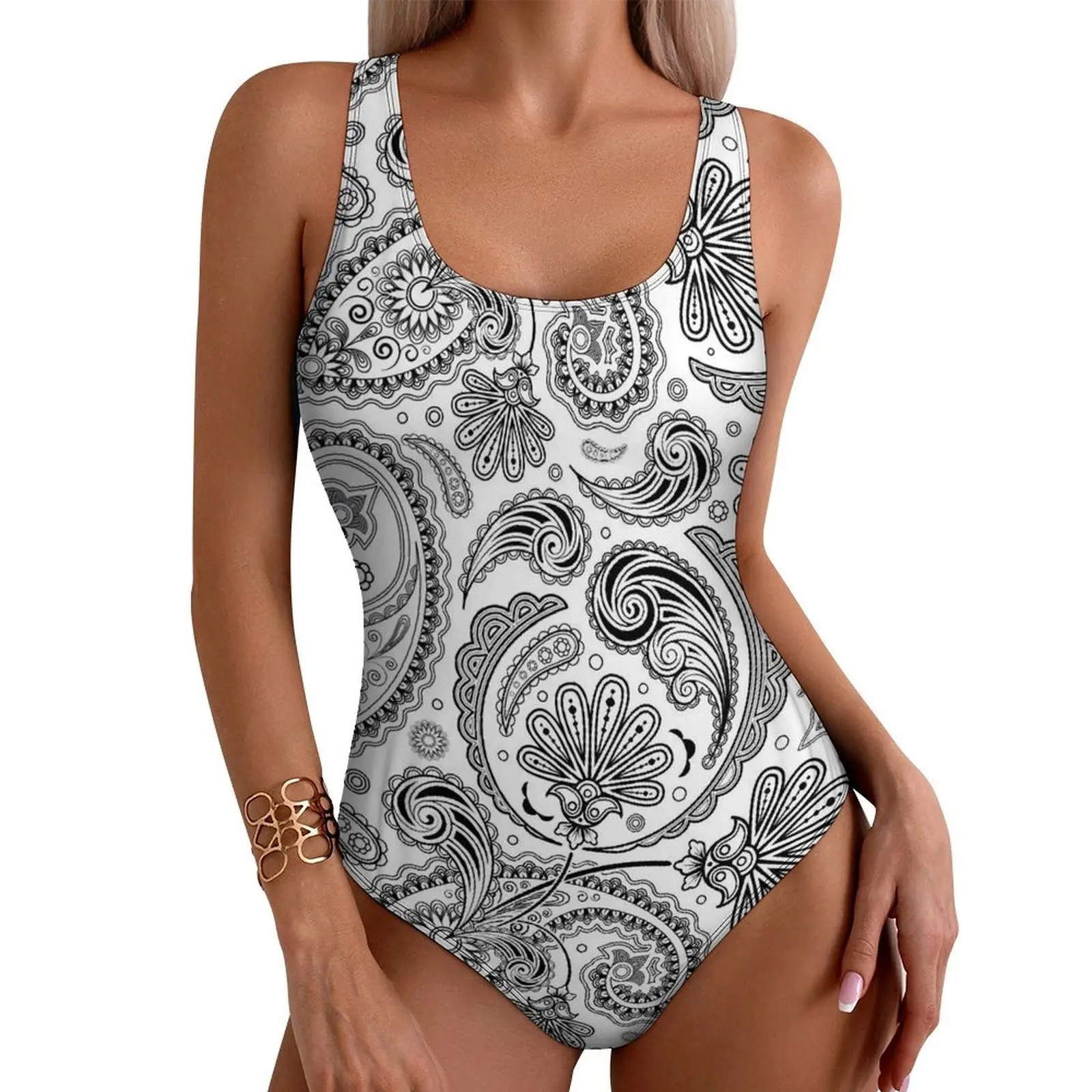 Vintage Paisley Swimsuit Black And White Push Up Swimwear One Piece Holiday Surf Monokini Bodysuit Design Beach Wear Plus Size