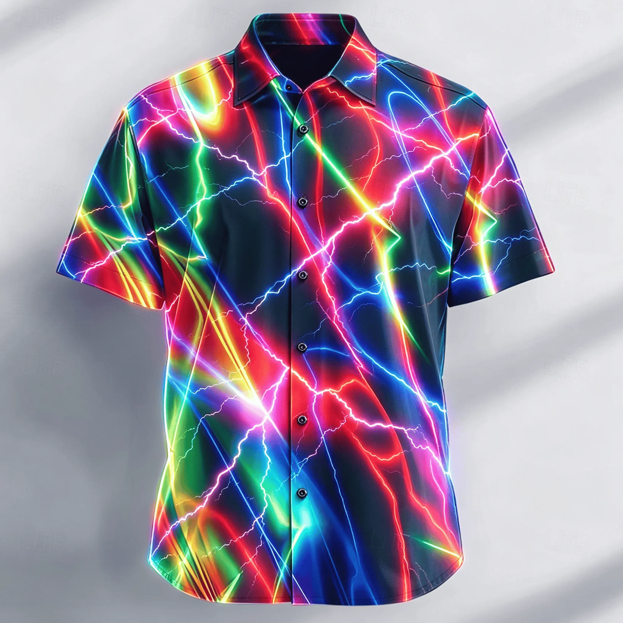 Men's Holographic Neon Wave Print Short Sleeve Shirt, Casual Psychedelic Button Up Shirt for Spring & Summer