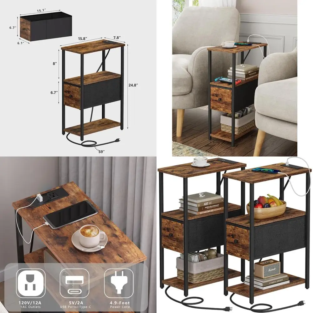 

Пара компактных приставных столиков с зарядными портами, боковые столики с розетками, тумбочки с тканевыми ящиками, идеально подходят для гостиных.