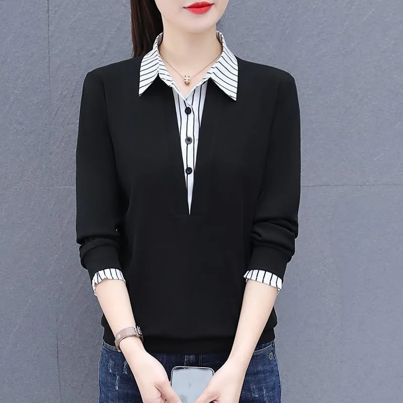 2024 Women\'s New Spring Autumn Korean Version Polo-Neck Button Spliced Fashion Loose Casual Long Sleeve Fake Two Shirts Tops