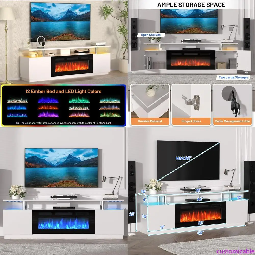 

70-Inch TV Stand with Built-In 36-Inch Electric Fireplace, 12 LED Color Options, 750W/1500W Power, Fits TVs Up to 80 Inches, Inc