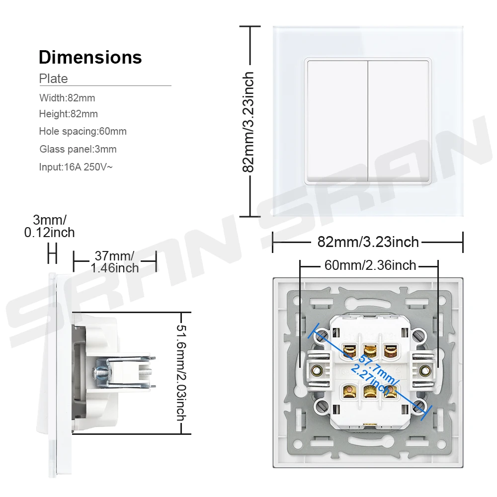 SRAN EU light switch 2gang 1way 16A 250V Crystal tempered glass panel white 82mm * 82mm Wall switch eu F610-21W