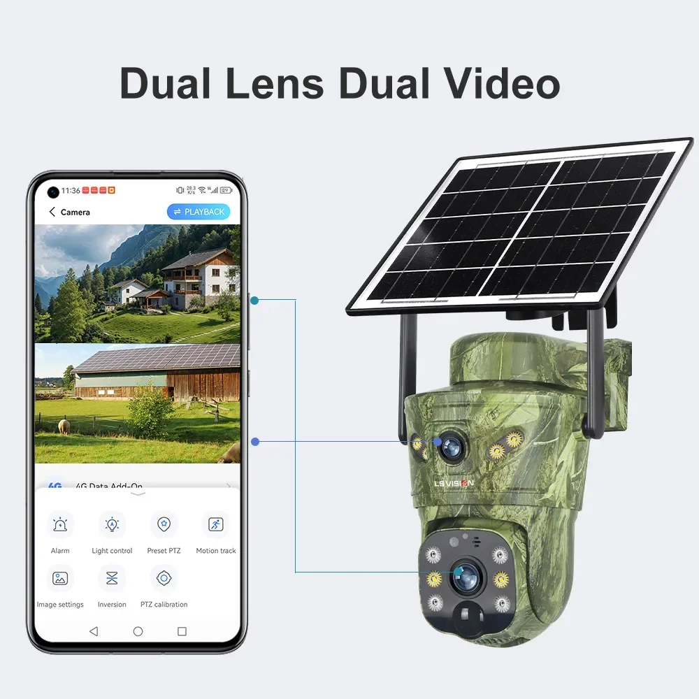 LS VISION 4K Dual Screen 4G Solar Trail Camera Outdoor WiFi PTZ PIR Detection 2-Way Talk Waterproof Wildlife Camera V380 Pro App