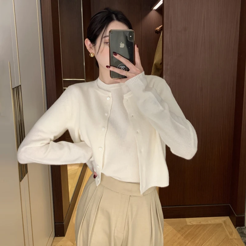 طقم نسائي أنيق للخريف والشتاء، كنزة محبوكة ناعمة ومريحة بأكمام قصيرة، كارديجان فضفاض بأكمام طويلة، طقم من قطعتين، جديد 00%