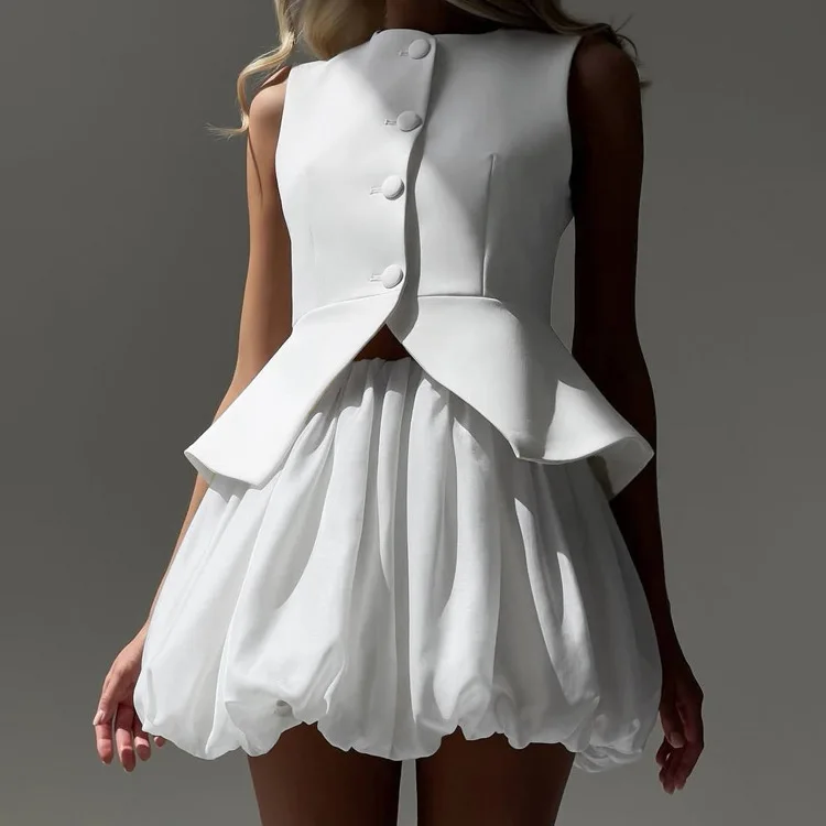 

2026 Fashion Elegant White Slim Two Piece Set Woman O-Neck Sleeveless Single Breasted Shirts And Pleated Solid Mini Skirts Set