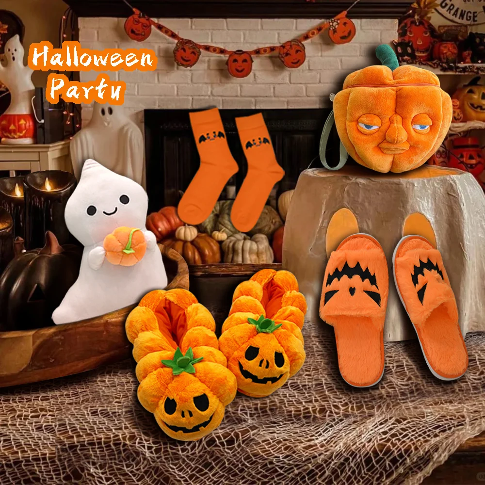 Highland Cow Halloween Pumpkin Slippers Backpacks Plush Fluffy Lantern Bags Slipper with Socks Bedroom Funny Shoes Gifts