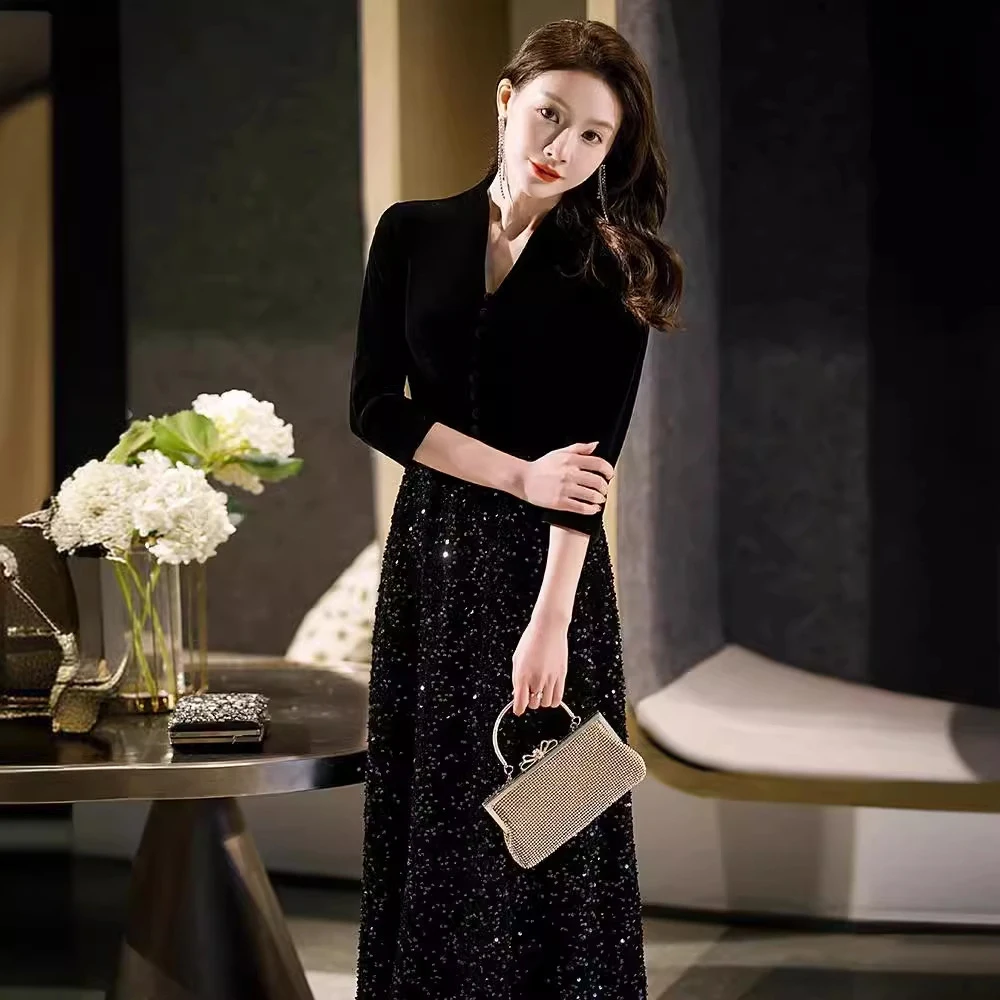 فستان سهرة أسود أنيق للنساء لخريف وشتاء على شكل حرف v نصف ياقة مرقعة مخملية ترتر على شكل حرف a فستان حفلات للحفلات