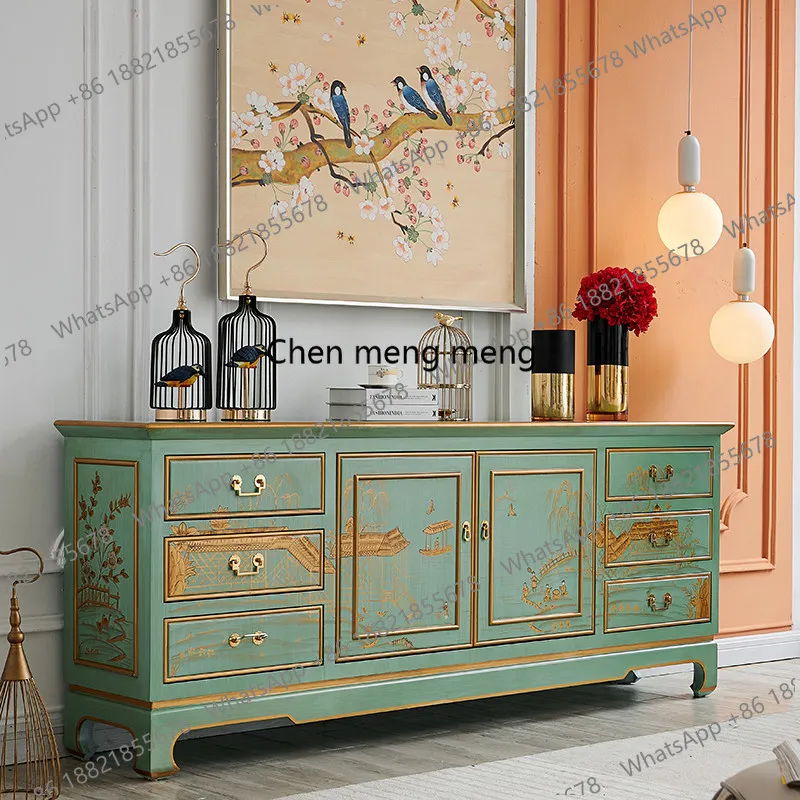 

Light French retro green living room solid wood TV cabinet light luxury palace luxury painted entrance cabinet