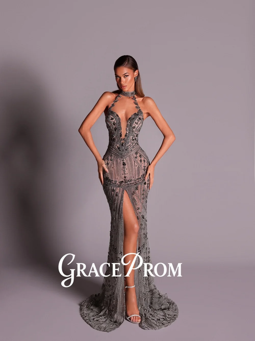 GraceProm فستان كوكتيل فضي كريستالي براقة مع فتحة رسن غمد فستان رسمي قصير الطول للحفلات أنيق سباركلي للنساء #3