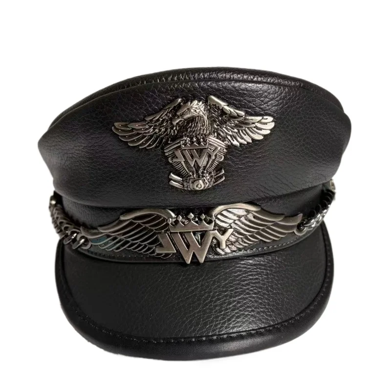 Men's Genuine Cowhide Leather Militar Flat Top Cap - Punk Rock Biker Captain Hat Spring Autumn Cadet Hat for Women