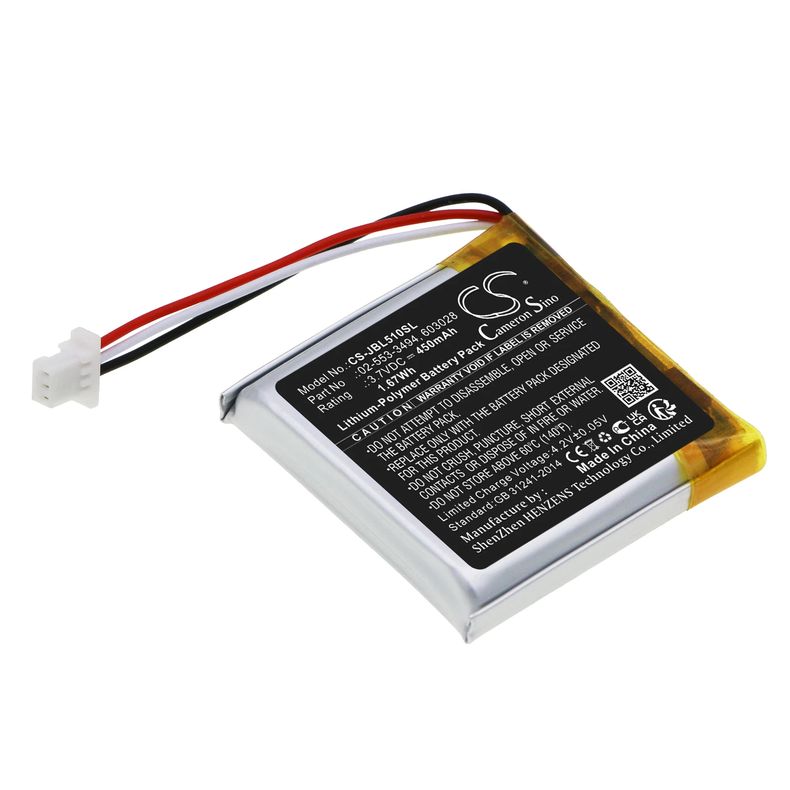 

CS 3.7V 450mAh Wireless Headset battery 02-553-3494, 603028, 523028 for JBL Tune 510BT, Tune 500BT, Note the connector