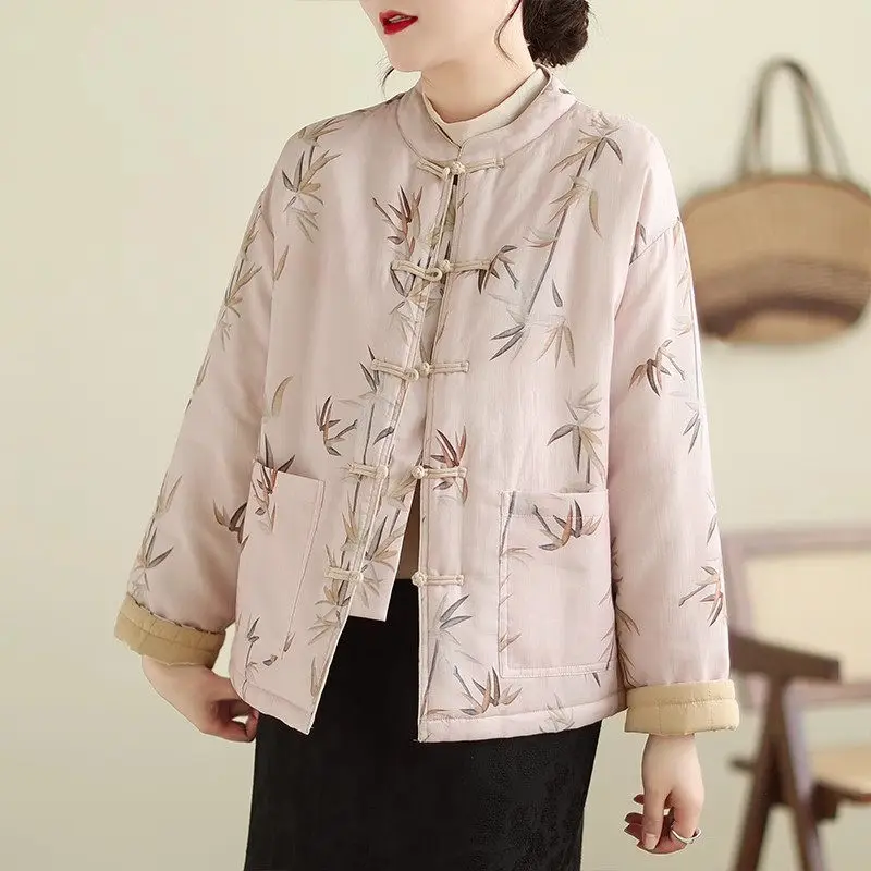 Elegant Short Quilted Jacket 2023 Autumn And Winter Standing Collar Printed Cotton Coat Chinese Style Retro Women Tops Z4163