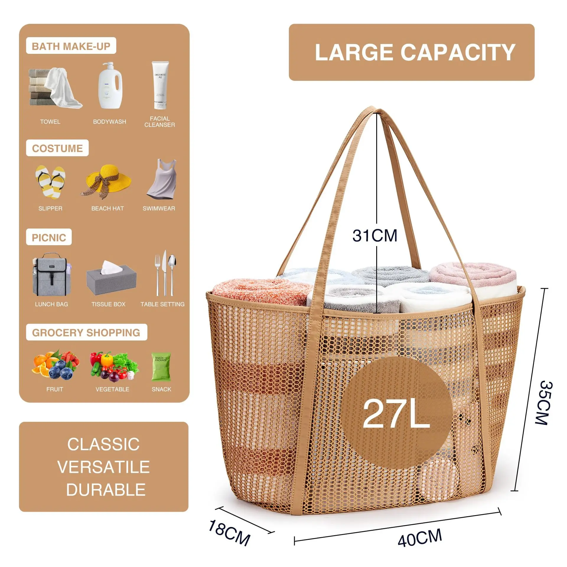 Beach Mesh Tote Bag Womens Shoulder Handbag MAX 27L Grocery Bag Storage Bag for Cruise/Swim/Vacation Essentials 해변 그물코 핸드백