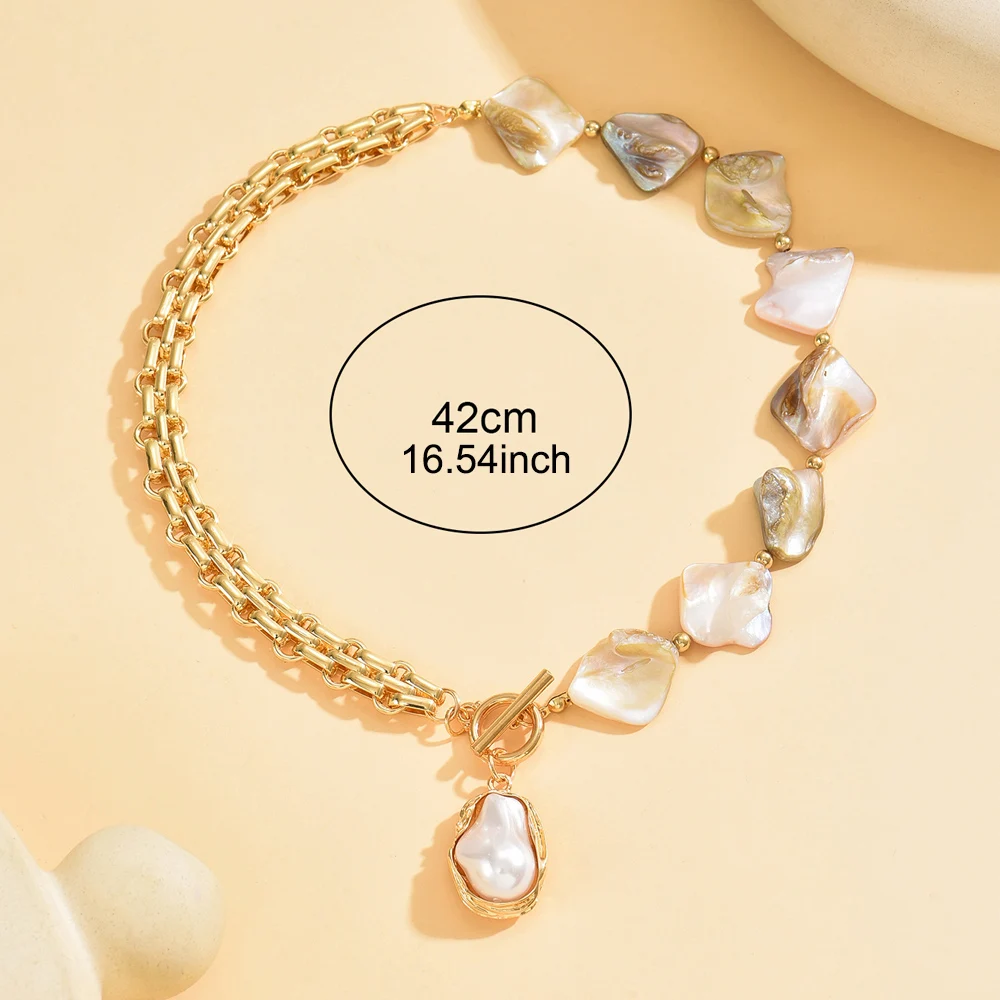 Vintage Boho Irregular Shell Beaded Faux Baroque Pearl Choker Necklace OT Toggle Clasp Chunky Gold Chain Women Daily Jewelry view 4