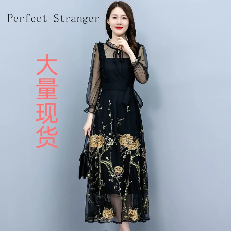 2024 Autumn New Stand Collar Flower Embroidery Vestidos De Mujer Elegantes Para Fiesta Long Sleeve Women Long Gauze Dress