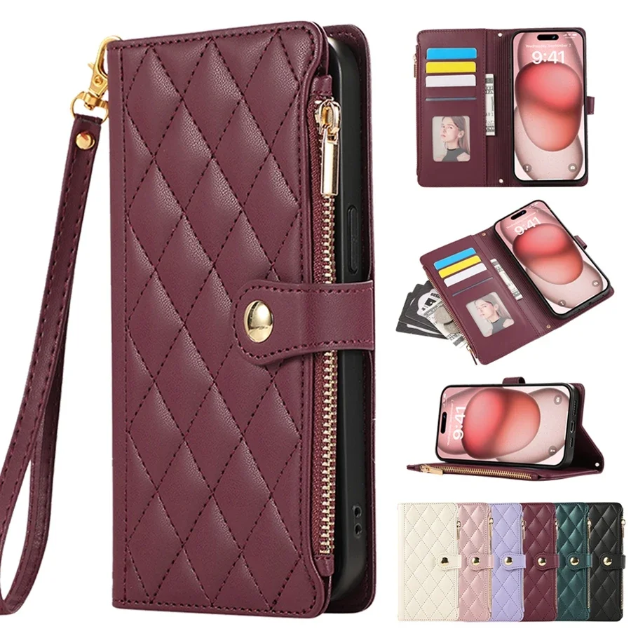 

Stand Holder Flip Cover for iPhone 16 Pro Max 16 Plus iPhone 15 Pro 14 13 12 11 XR 16e 7 8 Leather Wristband Zipper Wallet Case