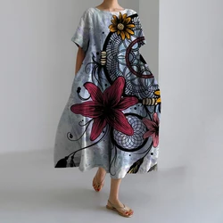 Women's Loose Dresses Fashion Vintage Textured Printed Dresses With Pockets Round Neck Short Sleeve Summer Camping Long Dresses