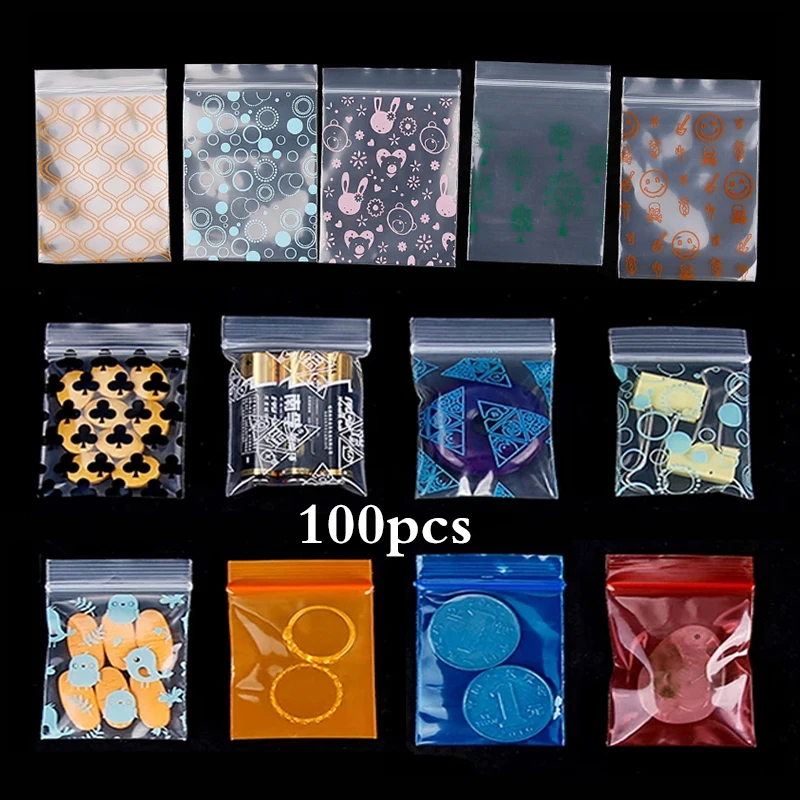 100Pcs/Lot 4x5cm Lock Bags Transparent Plastic Zipper Print Bags For Food Storage Jewelry Packaging Pouches Bag