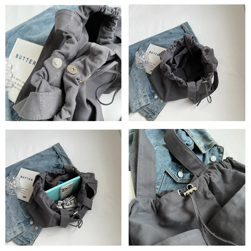 Drawstring Bucket Women's Bag Solid Canvas Shoulder Bag Casual Big Handbag Quality Tote Bag Vintage Sling Bag Y2K Eco Bag Korean