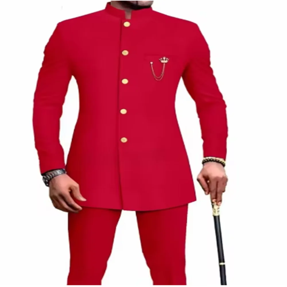 

Solid 2 Pieces Men Suits New African Style Men's Formal Business Wedding Suits Stand Collar Single Breasted Long Blazer Pants