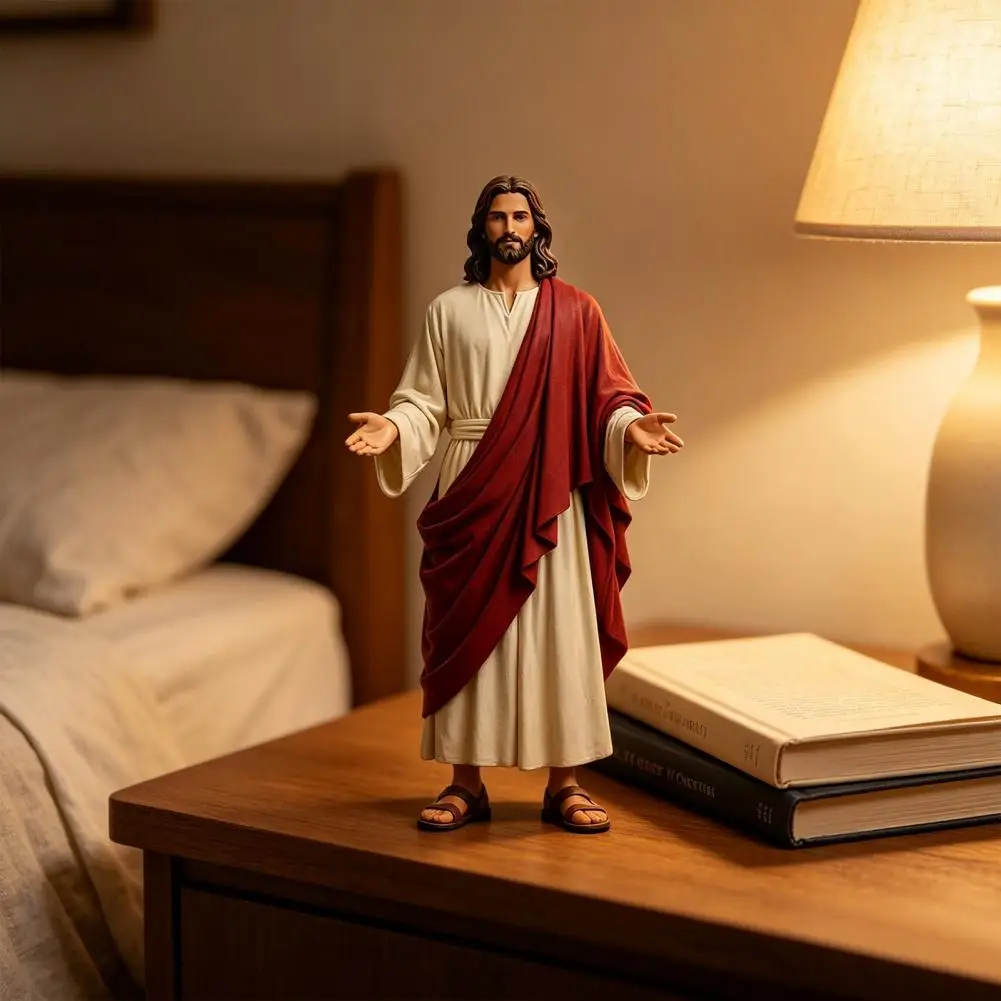 Spiritual Statue Hand-painted 5 Inch Jesus Figurine with Open Arms Resin Christian Statue Sculpture for Spiritual Home Decor