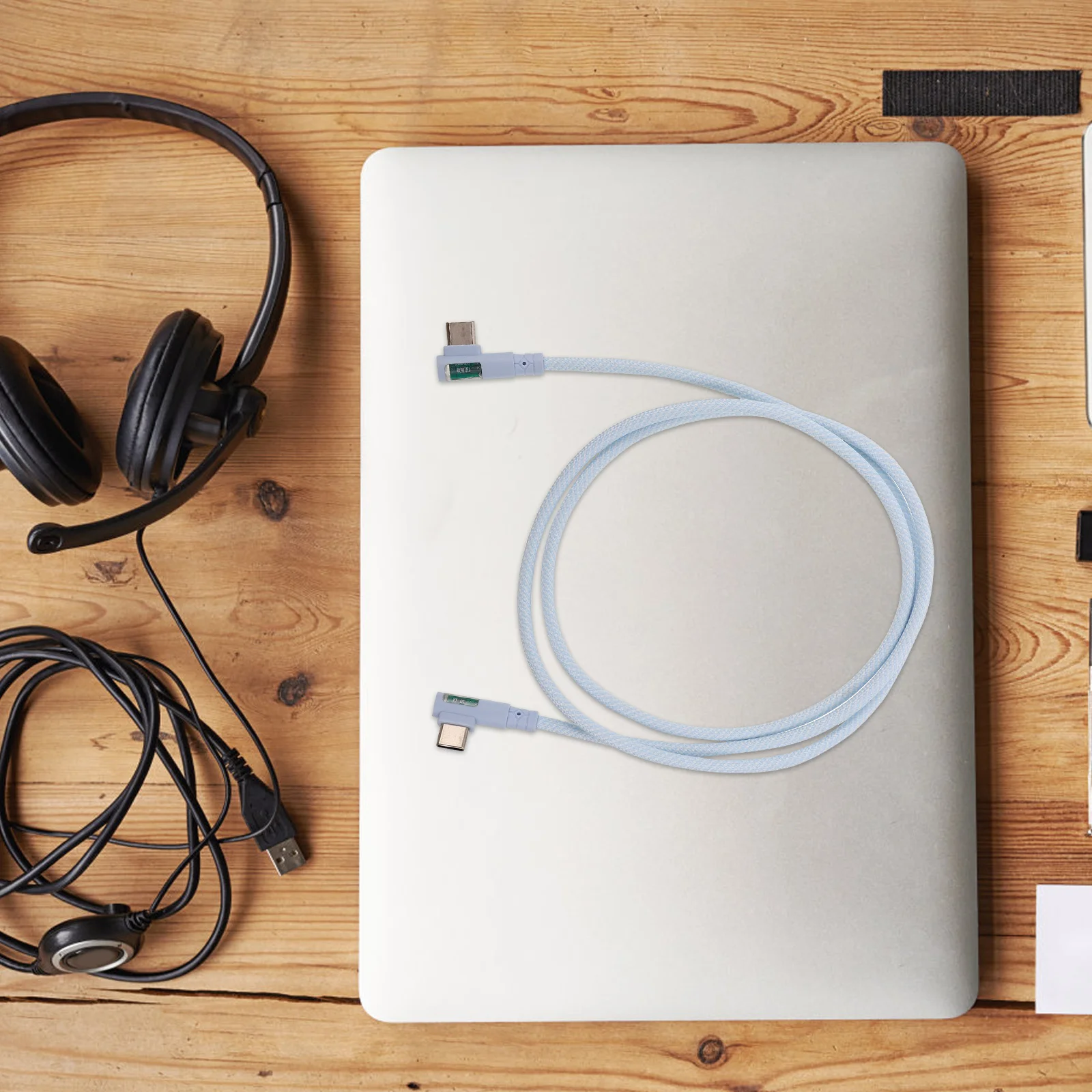 

Dual Type C Cable Right Angle Fast Charging Cord High Speed Data Transfer Transparent Design Compatible with Phones Tablets Blue