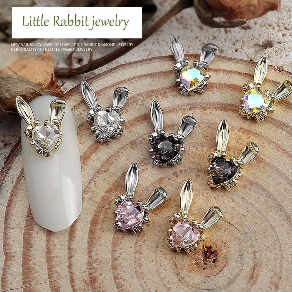 10Pcs Luxury Rabbit Nail Art Charms 3D Alloy Zircon Glitter Cute Bunny Nail Art Decorations Jewelry DIY Manicure Accessories