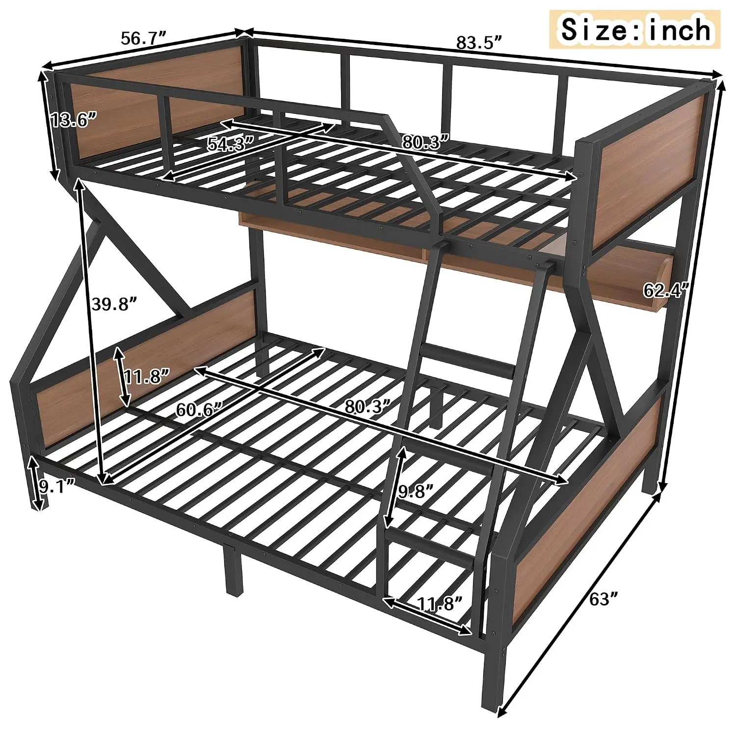 Full XL Over Queen Bunk Bed with Storage Shelves Metal Frame for Kids Teenagers Adults Bedroom Dorm Apartment, Customized