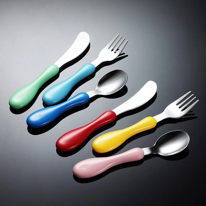 Children Learn To Eat Training Spoons Fork Stainless Steel Childrens Tableware Solid Fork Spoon Baby Learning Spoon Feeding Tool