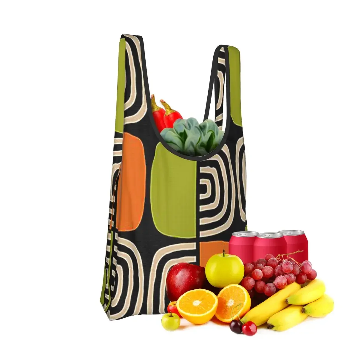 Half Concentric Circle Pattern Black Orange Green And Beig Portable Tote Bags Foldable Shoulder Shopper Bag Groceries Handbag