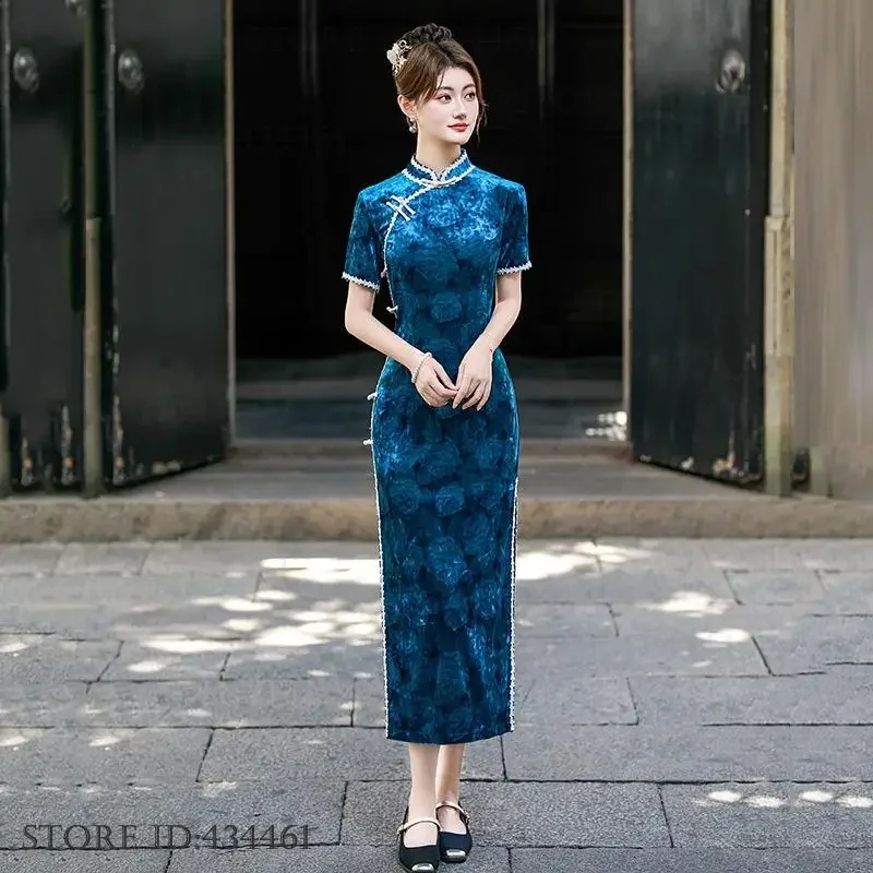 

Плюс размер сексуальные жаккардовые Cheongsam с разрезом, традиционное китайское женское платье, бархатные длинные вечерние платья Ципао, ретро Vestidos 4XL