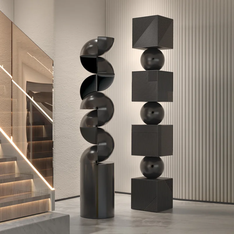 Minimalist Black Stacked Geometric Floor Sculpture Set Abstract Tall Standing Art Statue for Living Room Entryway Home Decoratio