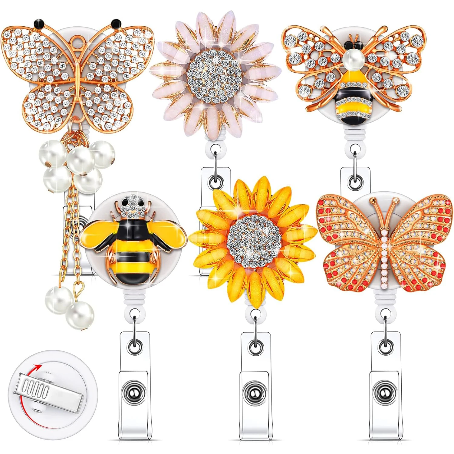 

Christmas Rhinestone Retractable Nurse ID Badge Reel Holder with Clip Cute Bling Butterfly Bee Flower Name Badge Reel