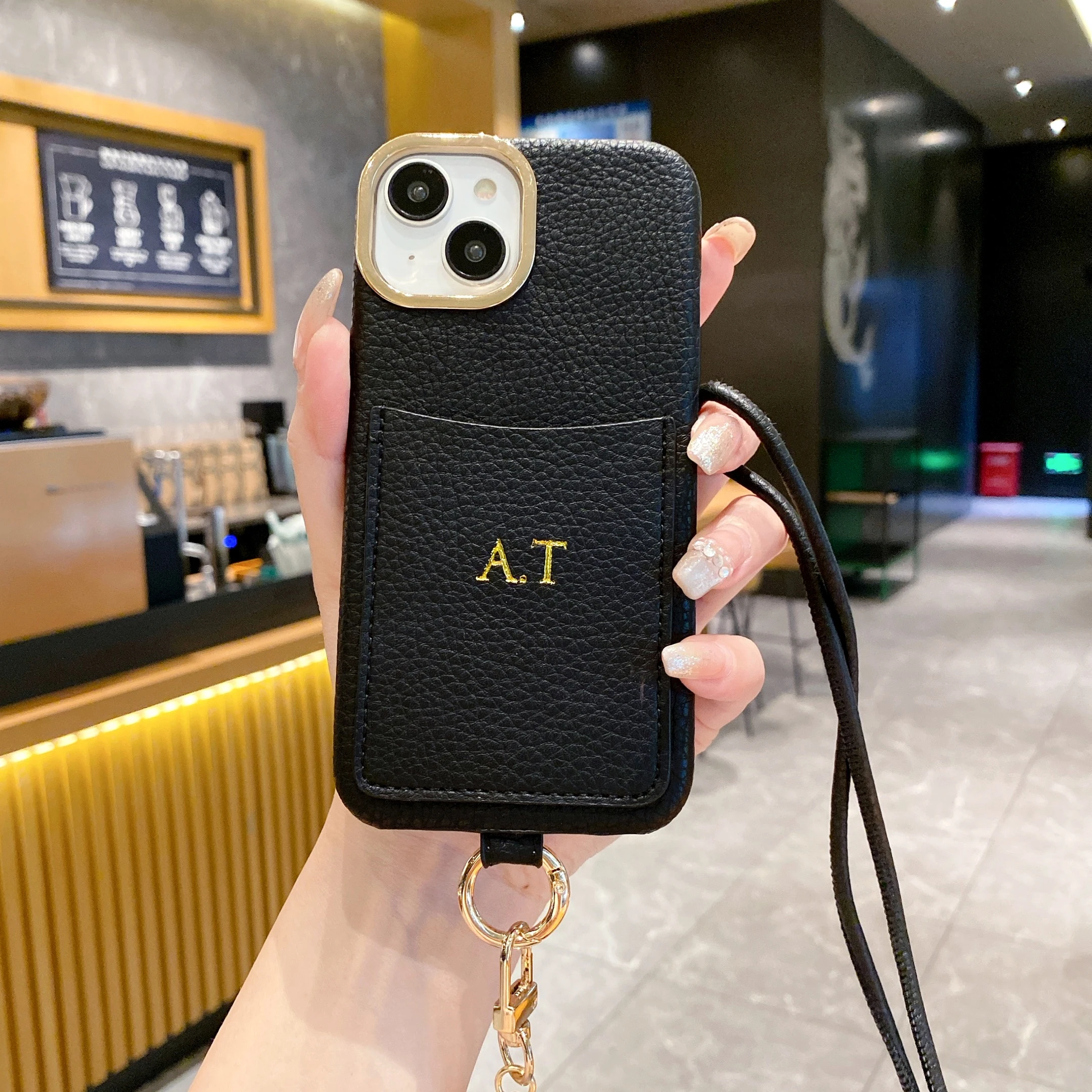 Personalization Leather Phone Case letter engraving name Cardholder for iPhone15 14 ProMax 13 12 11 15Plus Crossbody lanyard