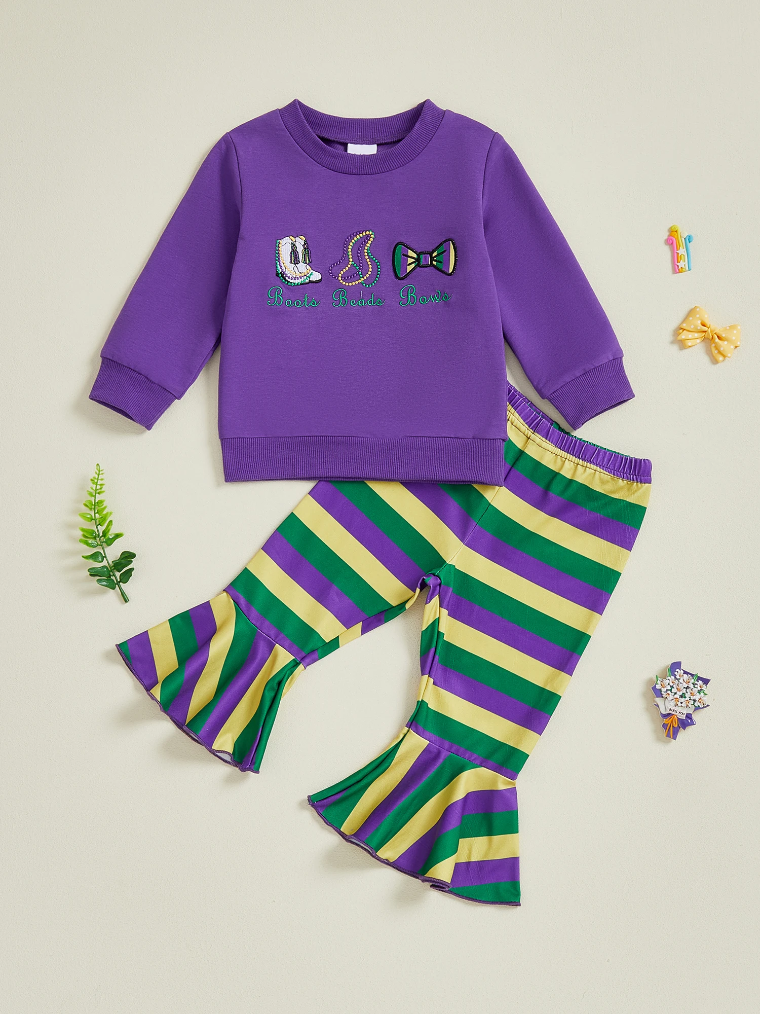 طقم هوديي مطرز للفتيات وسراويل مضيئة مخططة، طقم ملابس ماردي غرا الاحتفالية للأطفال، مجموعة ملابس متطابقة #1