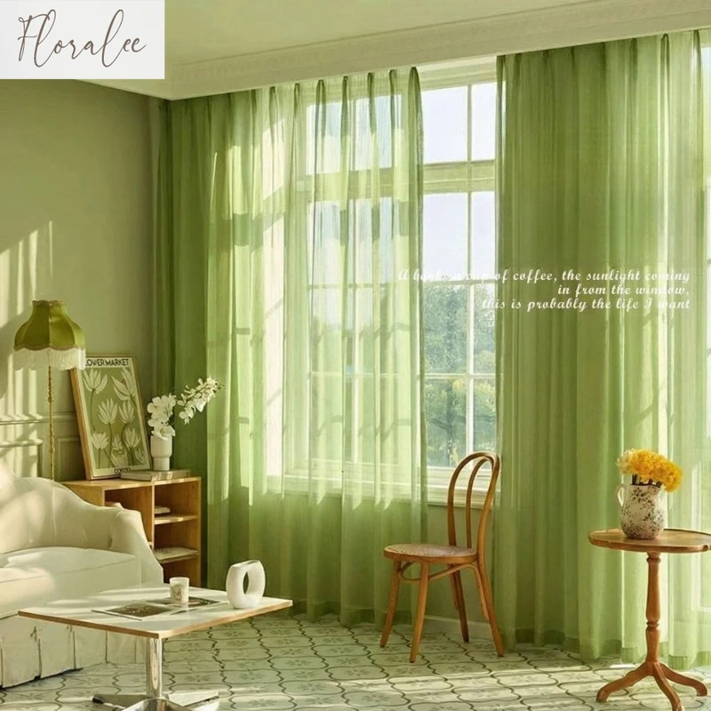 French Pine Green Gauze Light-impermeable Window Screen Small Fresh Pastoral Style New Style Curtains for Living Dining Room