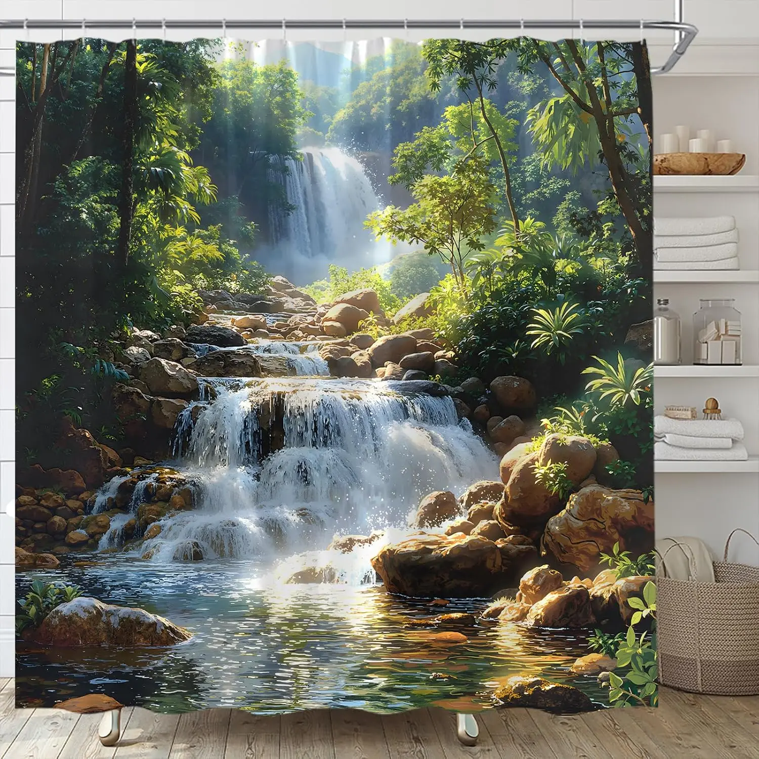 Waterfall Shower Curtain Forest Waterfall Nature Scenery Green Tree Outdoor Landscape Tropical Jungle Rainforest Fabric Bathroom