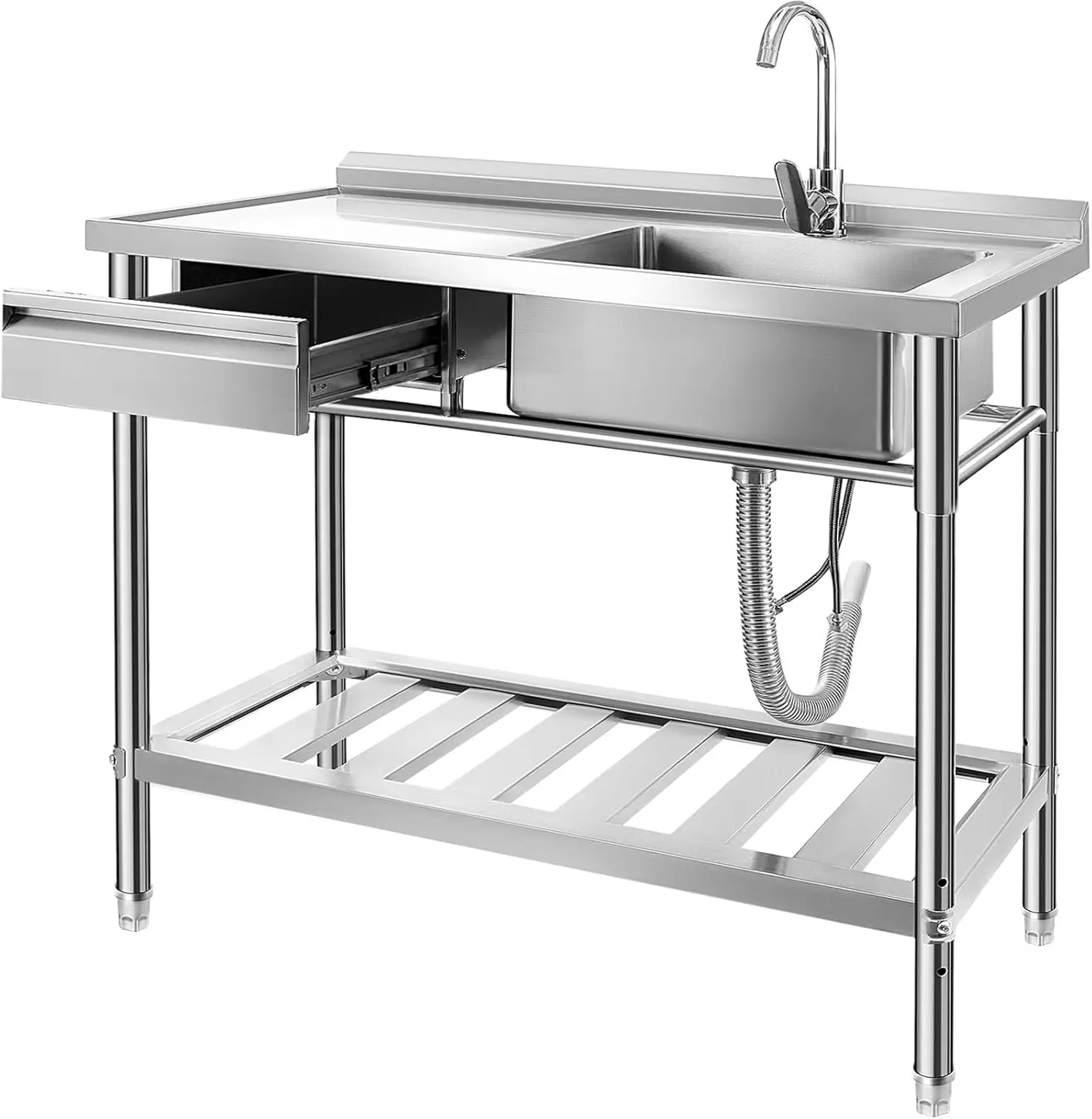 Stainless Steel Utility Sink, Free Standing Single Bowl Kitchen Sink Commercial  Indoor and Outdoor Sink (47 inch)