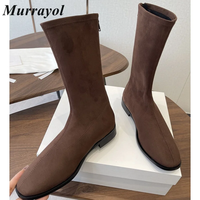 Sock Boots Flat Shoes British Style Autumn Chelsea Booties Botas Mujer Women Elastic Fabric Round Toe Zipper Mid Calf Boots